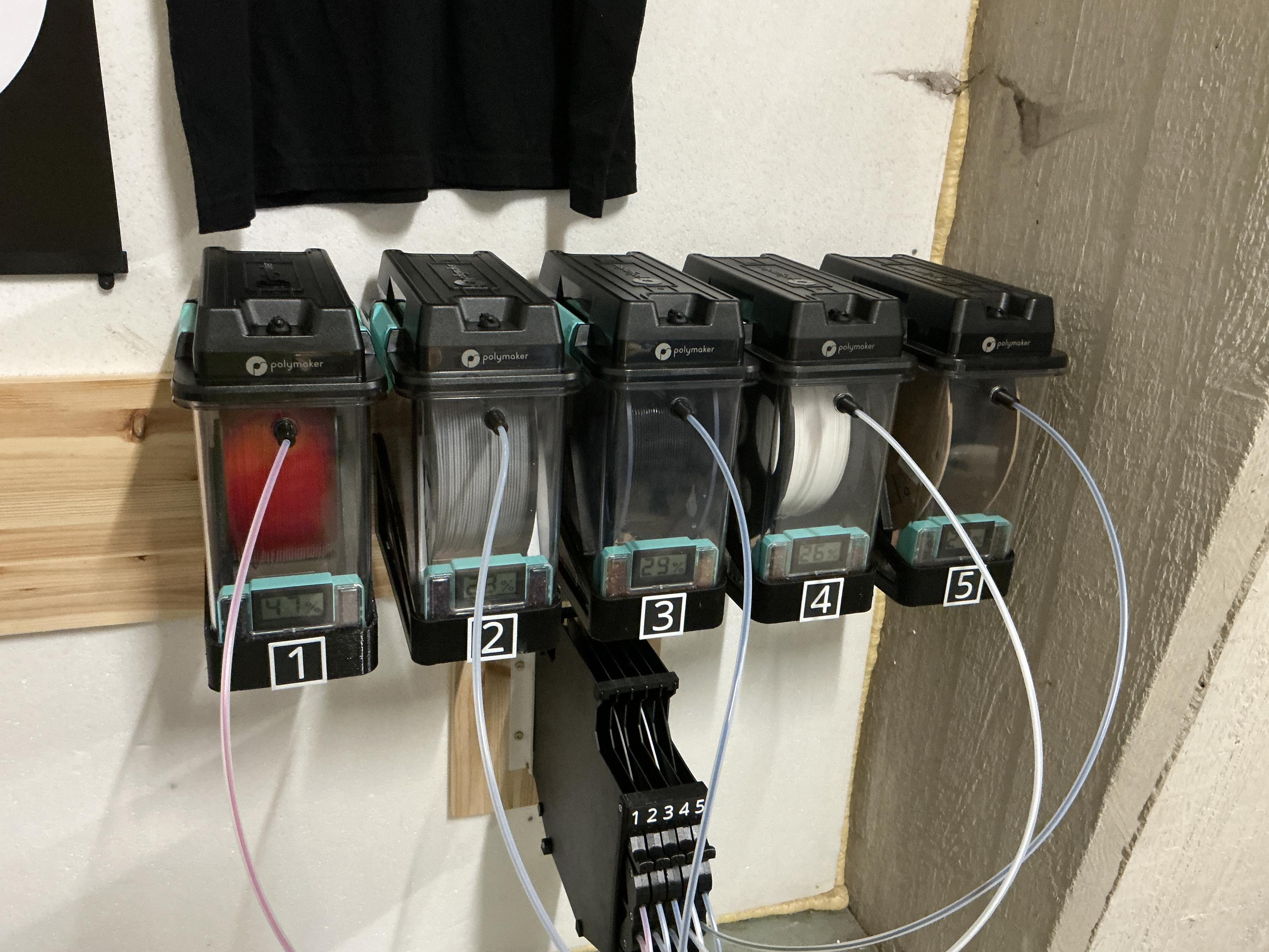 A wall mounted set of 5 Polymaker Dryboxes with filament spools inside.